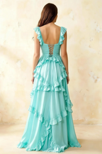 Johanna Aqua Chiffon Cutout Ruffles Maxi Dress