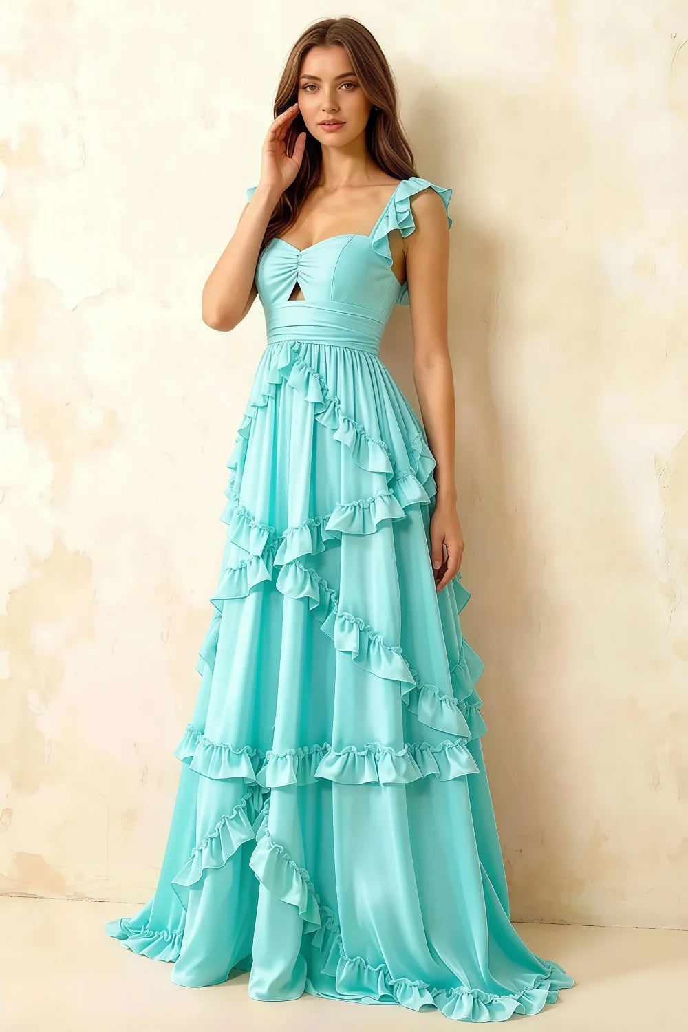 Johanna Aqua Chiffon Cutout Ruffles Maxi Dress
