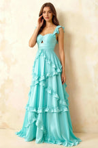 Johanna Aqua Chiffon Cutout Ruffles Maxi Dress