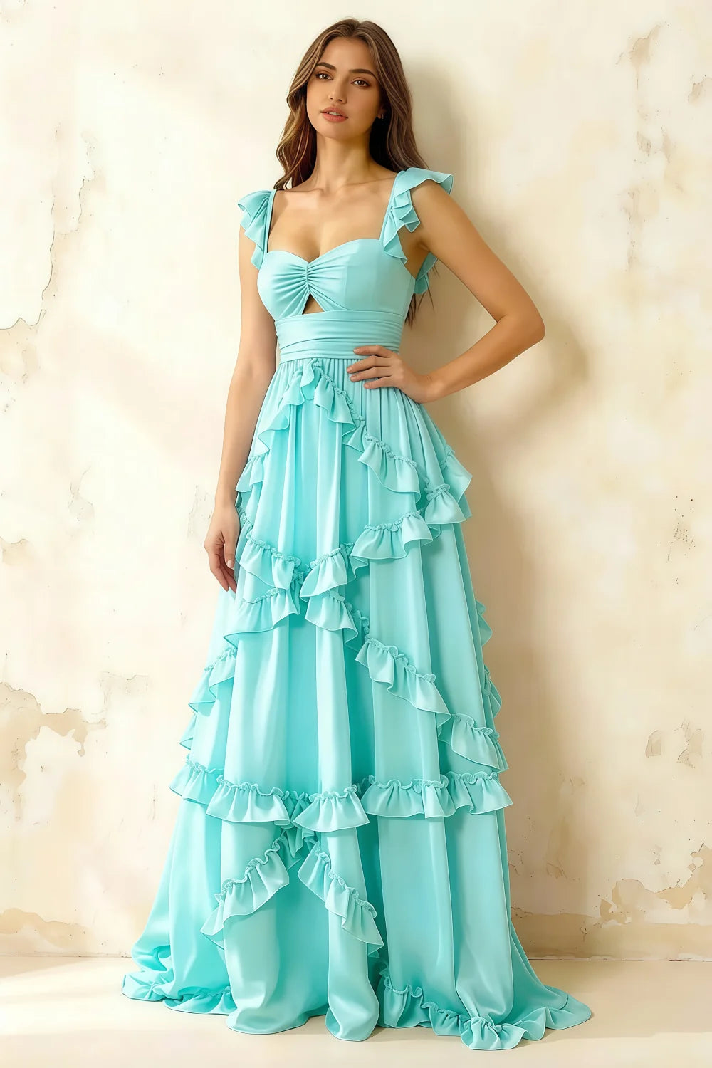 Johanna Aqua Chiffon Cutout Ruffles Maxi Dress
