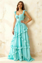 Johanna Aqua Chiffon Cutout Ruffles Maxi Dress