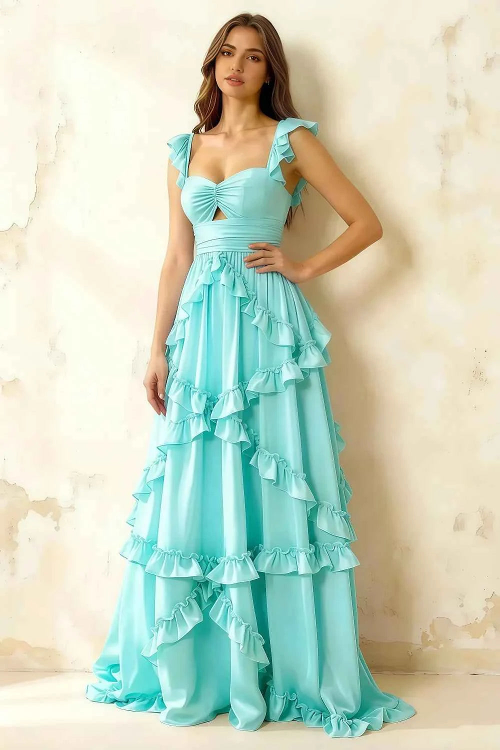 Johanna Aqua Chiffon Cutout Ruffles Maxi Dress