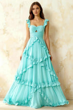 Johanna Aqua Chiffon Cutout Ruffles Maxi Dress
