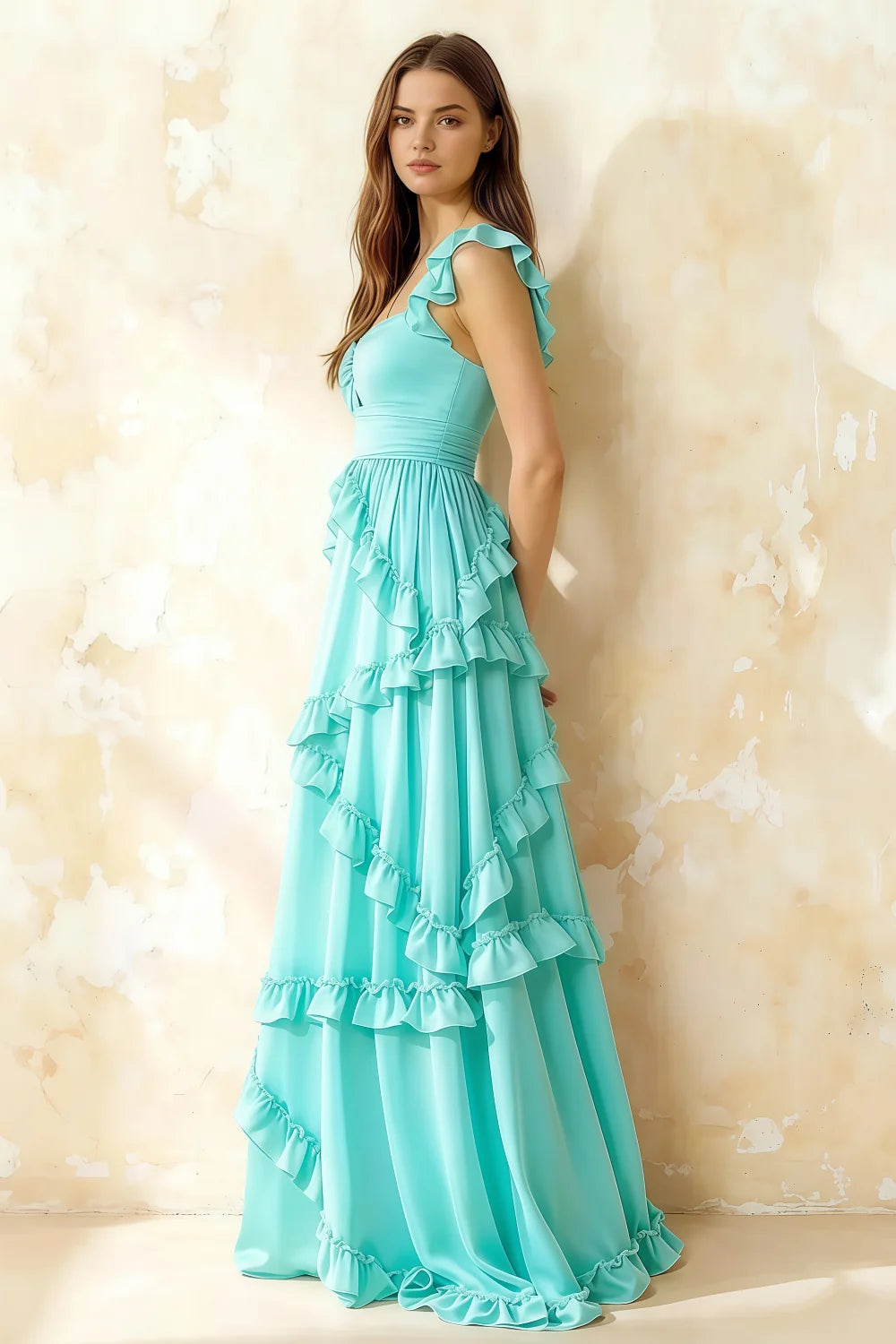 Johanna Aqua Chiffon Cutout Ruffles Maxi Dress