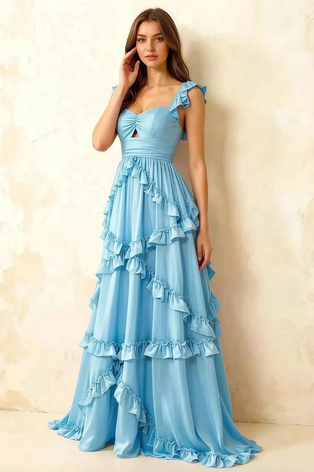 Johanna Baby Blue Chiffon Cutout Ruffles Maxi Dress Main image