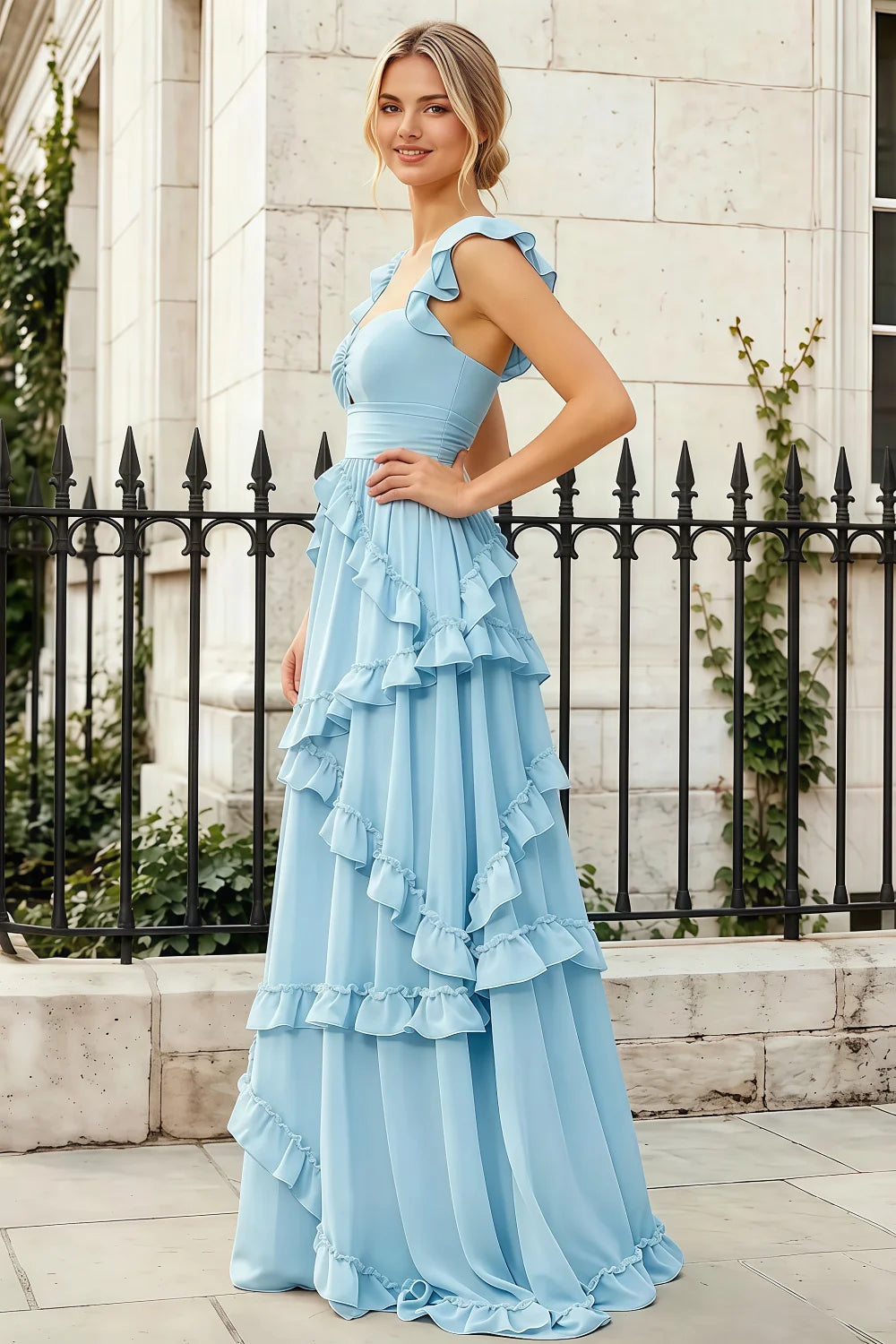 Johanna Baby Blue Chiffon Cutout Ruffles Maxi Dress