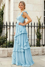 Johanna Baby Blue Chiffon Cutout Ruffles Maxi Dress