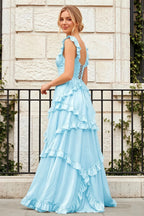 Johanna Baby Blue Chiffon Cutout Ruffles Maxi Dress