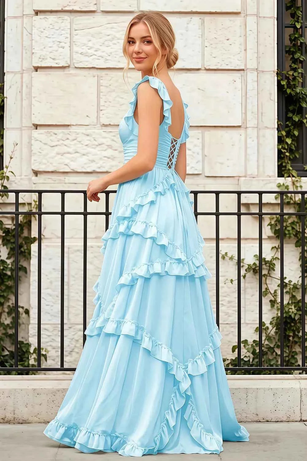 Johanna Baby Blue Chiffon Cutout Ruffles Maxi Dress