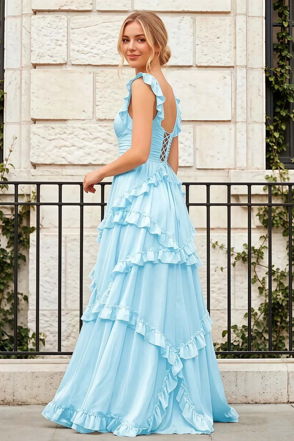 Johanna Baby Blue Chiffon Cutout Ruffles Maxi Dress