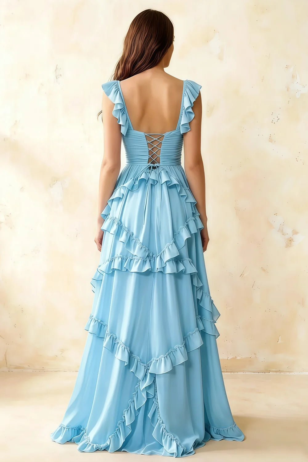 Johanna Baby Blue Chiffon Cutout Ruffles Maxi Dress