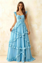 Johanna Baby Blue Chiffon Cutout Ruffles Maxi Dress