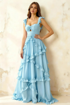 Johanna Baby Blue Chiffon Cutout Ruffles Maxi Dress