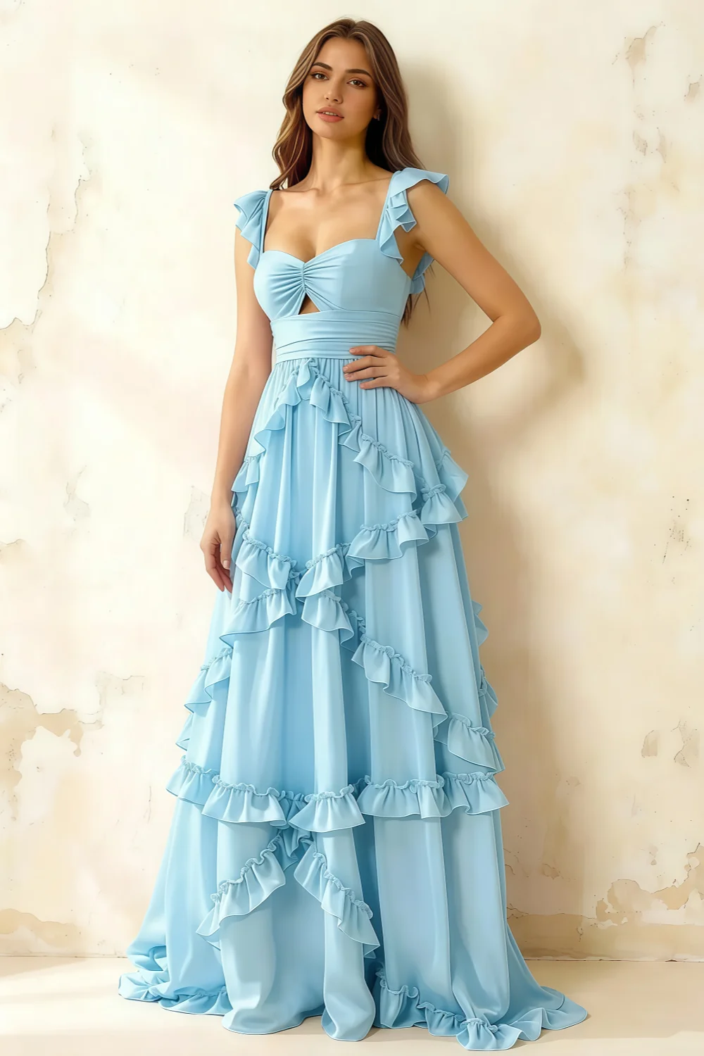 Johanna Baby Blue Chiffon Cutout Ruffles Maxi Dress
