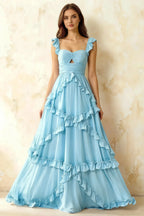 Johanna Baby Blue Chiffon Cutout Ruffles Maxi Dress