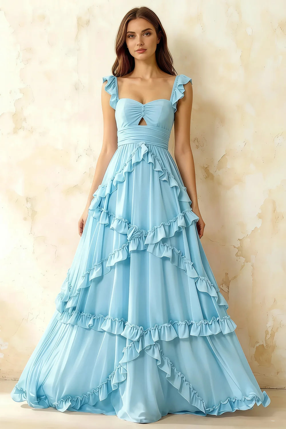 Johanna Baby Blue Chiffon Cutout Ruffles Maxi Dress