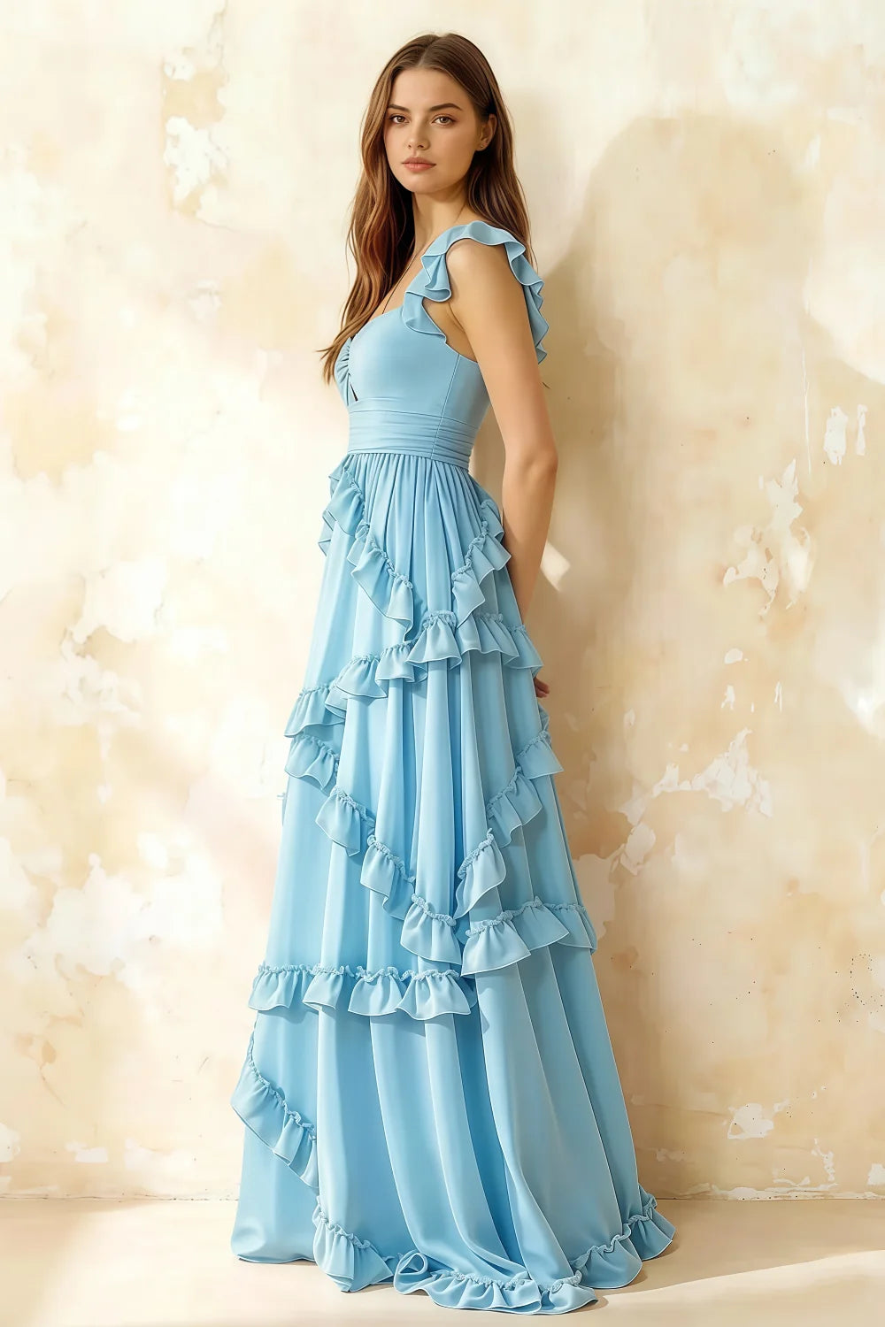 Johanna Baby Blue Chiffon Cutout Ruffles Maxi Dress