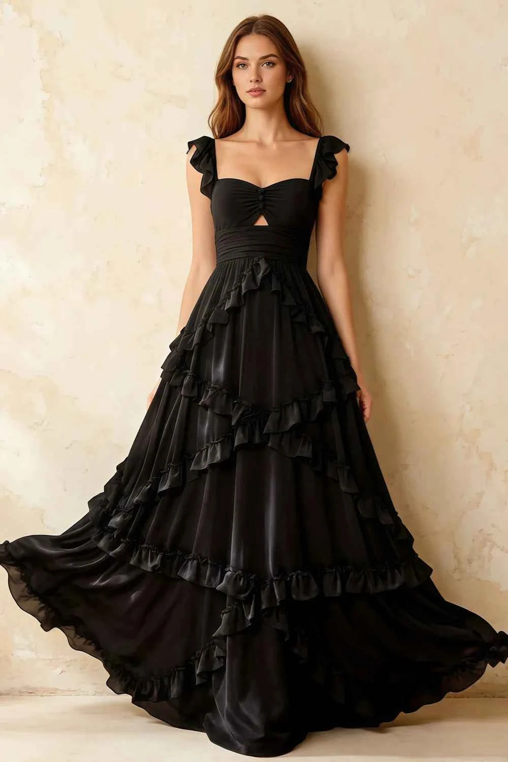 Johanna Black Chiffon Cutout Ruffles Maxi Dress Main image