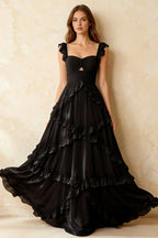 Johanna Black Chiffon Cutout Ruffles Maxi Dress