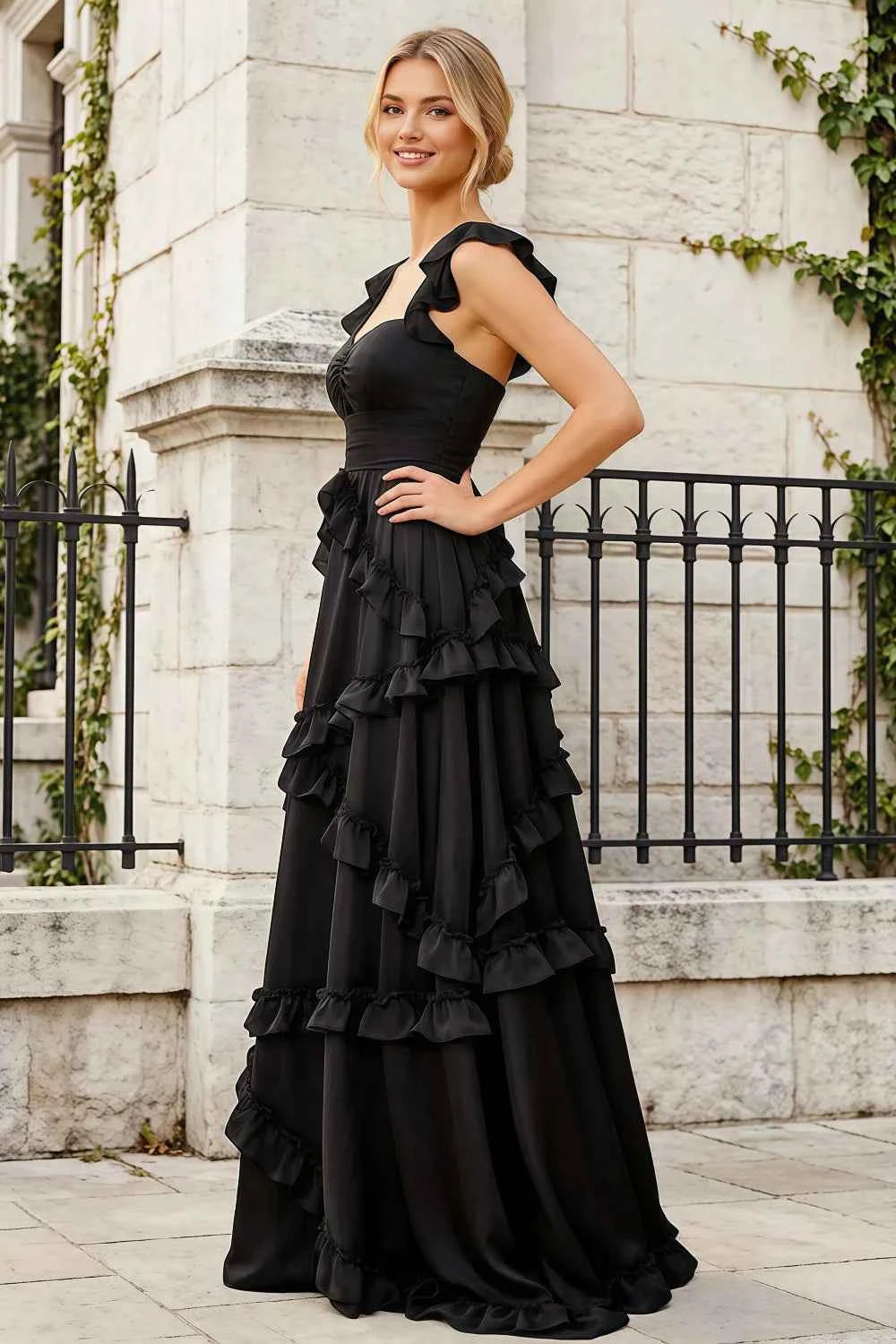 Johanna Black Chiffon Cutout Ruffles Maxi Dress Secondary image