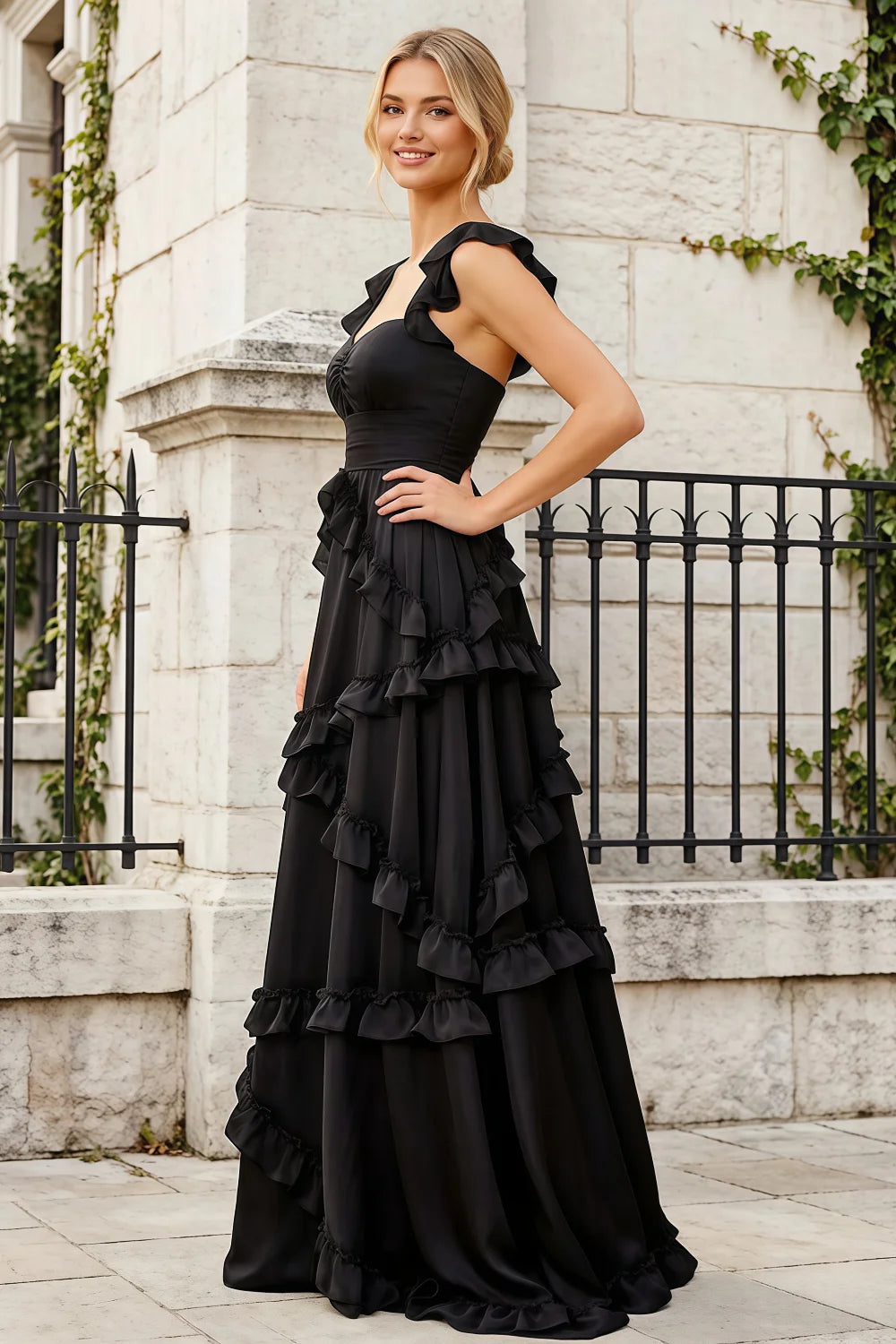 Johanna Black Chiffon Cutout Ruffles Maxi Dress