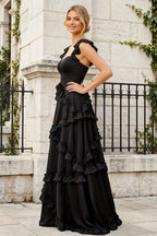 Johanna Black Chiffon Cutout Ruffles Maxi Dress