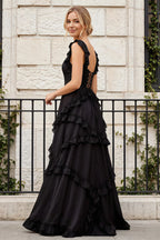 Johanna Black Chiffon Cutout Ruffles Maxi Dress