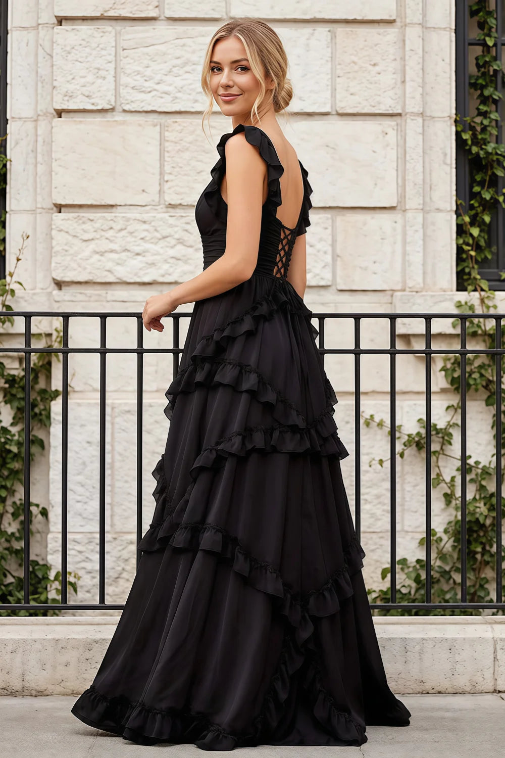Johanna Black Chiffon Cutout Ruffles Maxi Dress