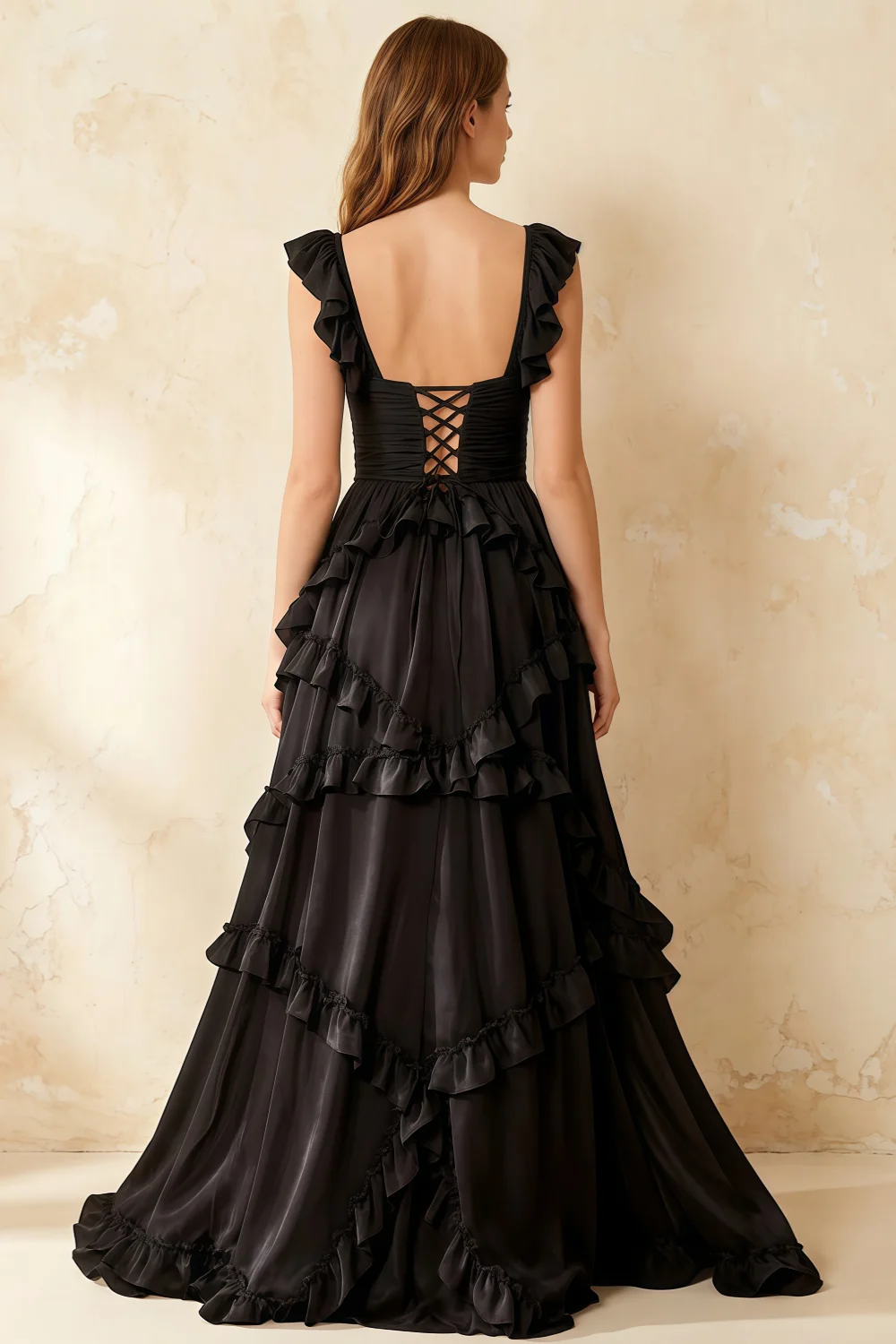 Johanna Black Chiffon Cutout Ruffles Maxi Dress