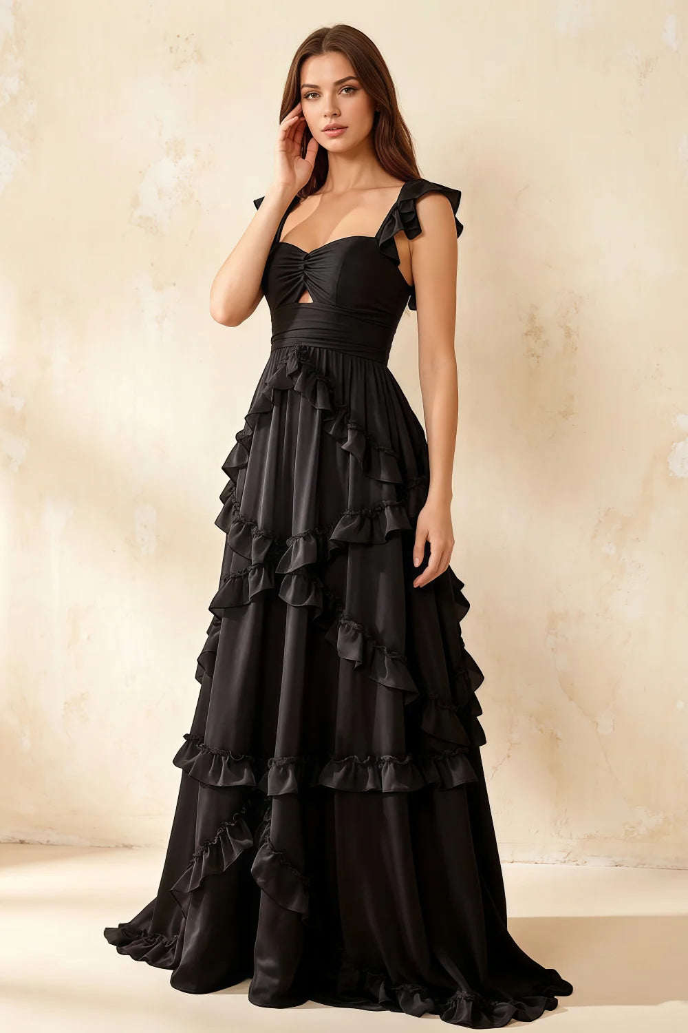 Johanna Black Chiffon Cutout Ruffles Maxi Dress