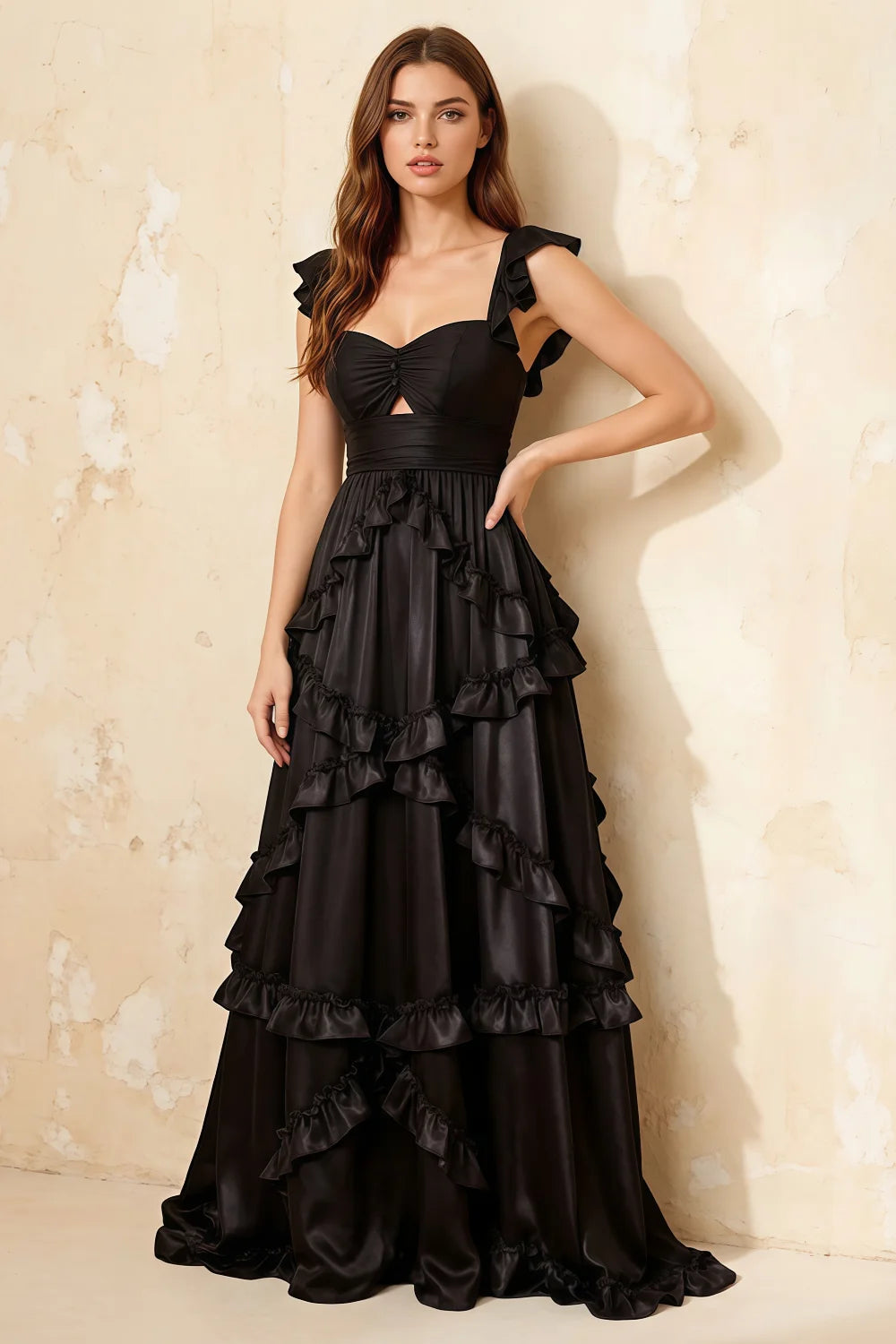 Johanna Black Chiffon Cutout Ruffles Maxi Dress
