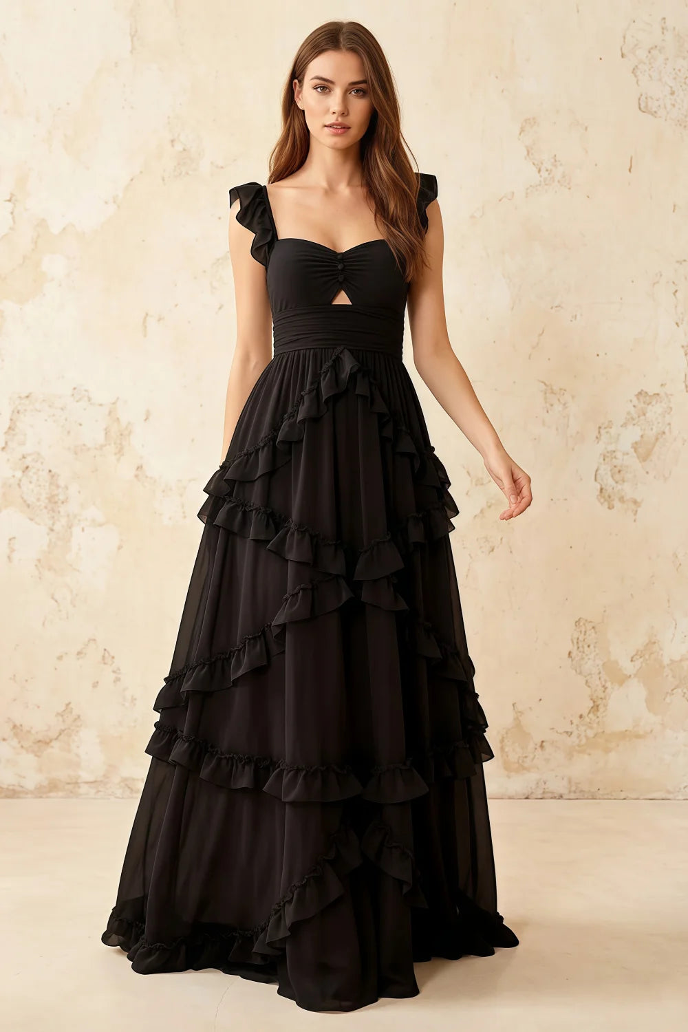 Johanna Black Chiffon Cutout Ruffles Maxi Dress