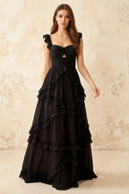 Johanna Black Chiffon Cutout Ruffles Maxi Dress