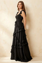 Johanna Black Chiffon Cutout Ruffles Maxi Dress
