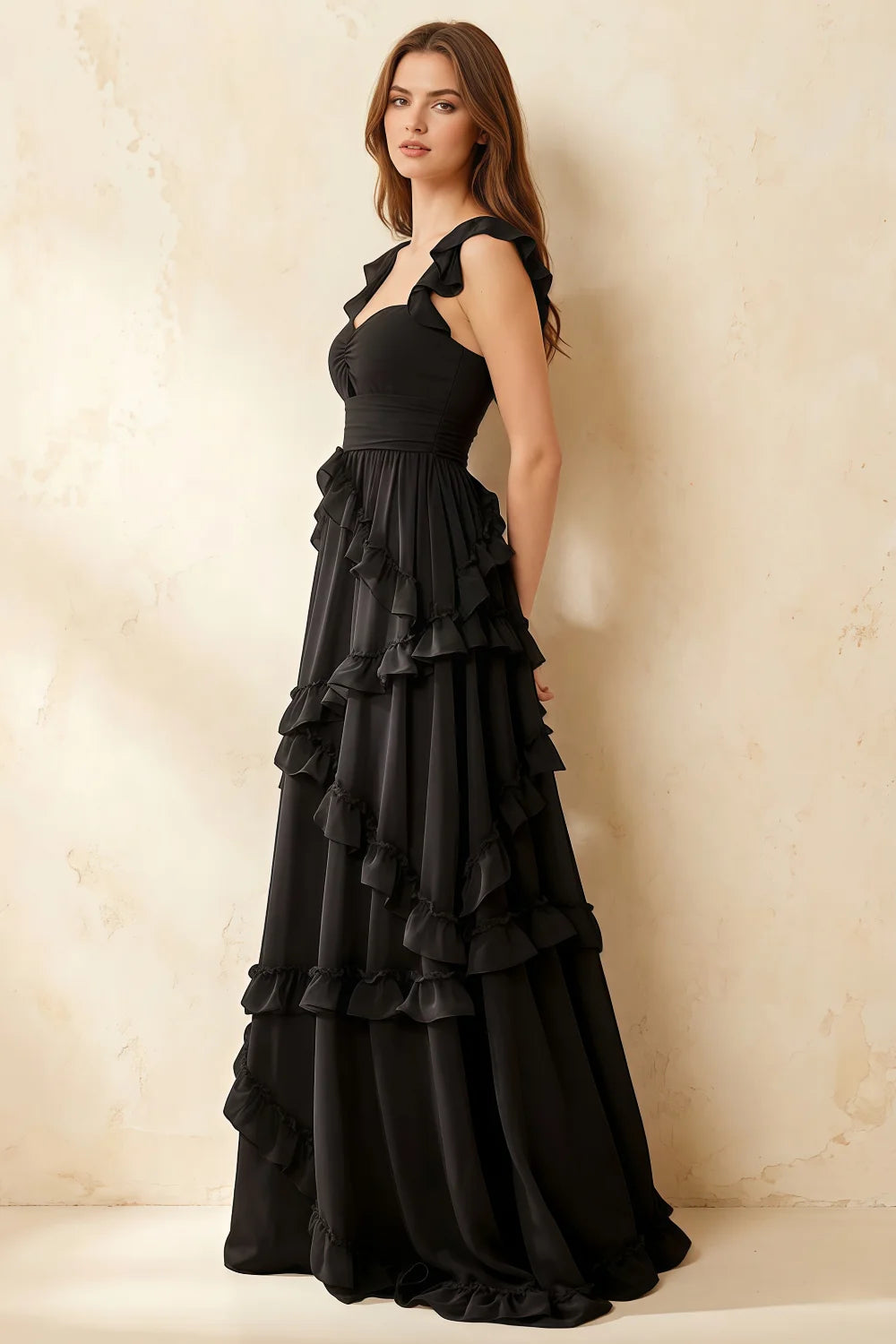 Johanna Black Chiffon Cutout Ruffles Maxi Dress