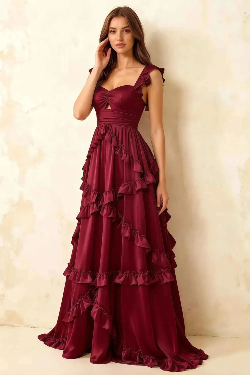 Johanna Burgundy Chiffon Cutout Ruffles Maxi Dress Main image