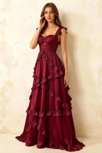 Johanna Burgundy Chiffon Cutout Ruffles Maxi Dress