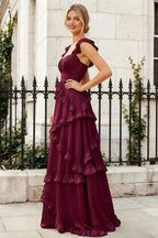 Johanna Burgundy Chiffon Cutout Ruffles Maxi Dress
