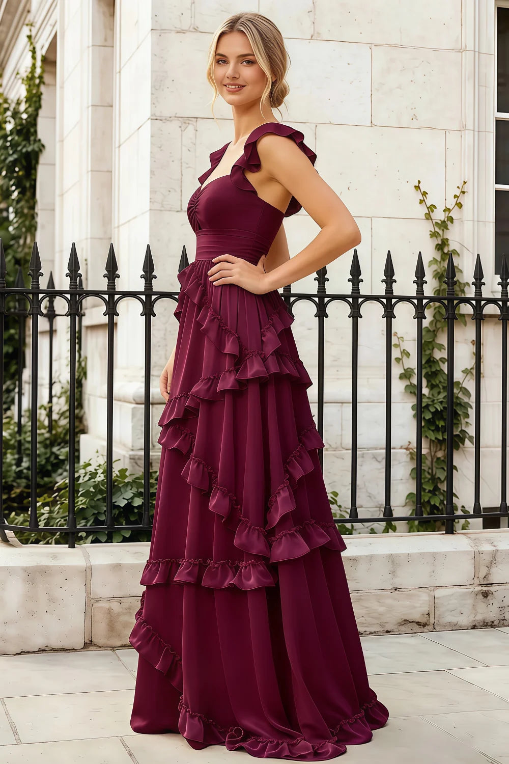 Johanna Burgundy Chiffon Cutout Ruffles Maxi Dress