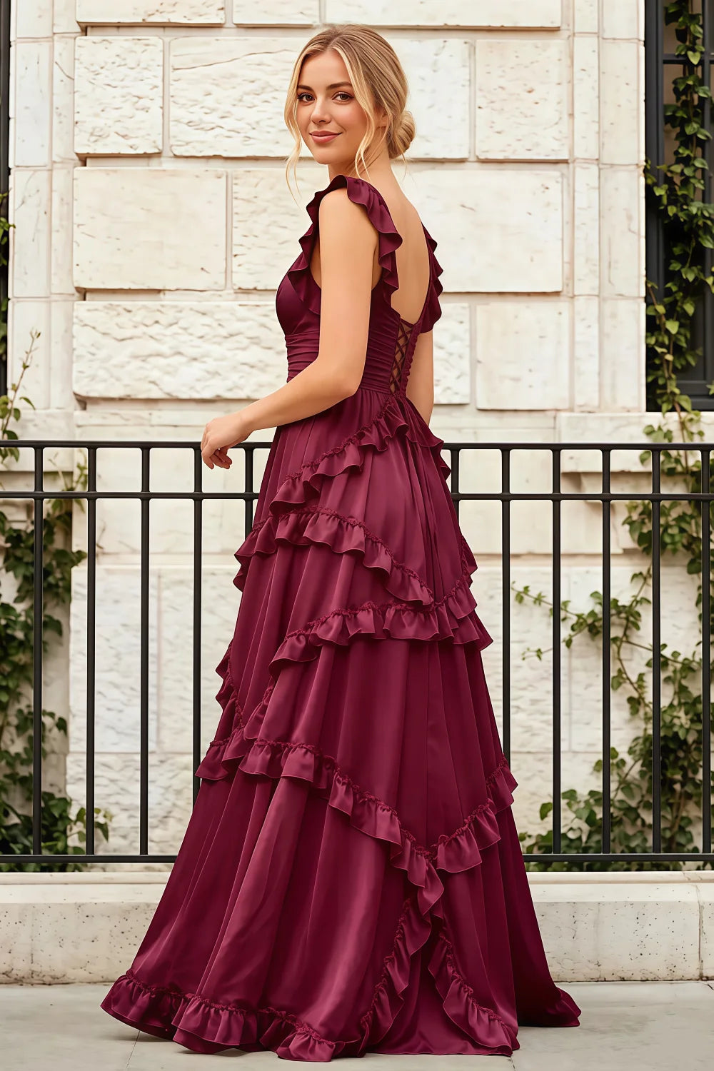 Johanna Burgundy Chiffon Cutout Ruffles Maxi Dress