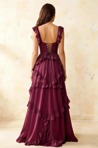Johanna Burgundy Chiffon Cutout Ruffles Maxi Dress