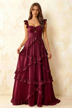 Johanna Burgundy Chiffon Cutout Ruffles Maxi Dress