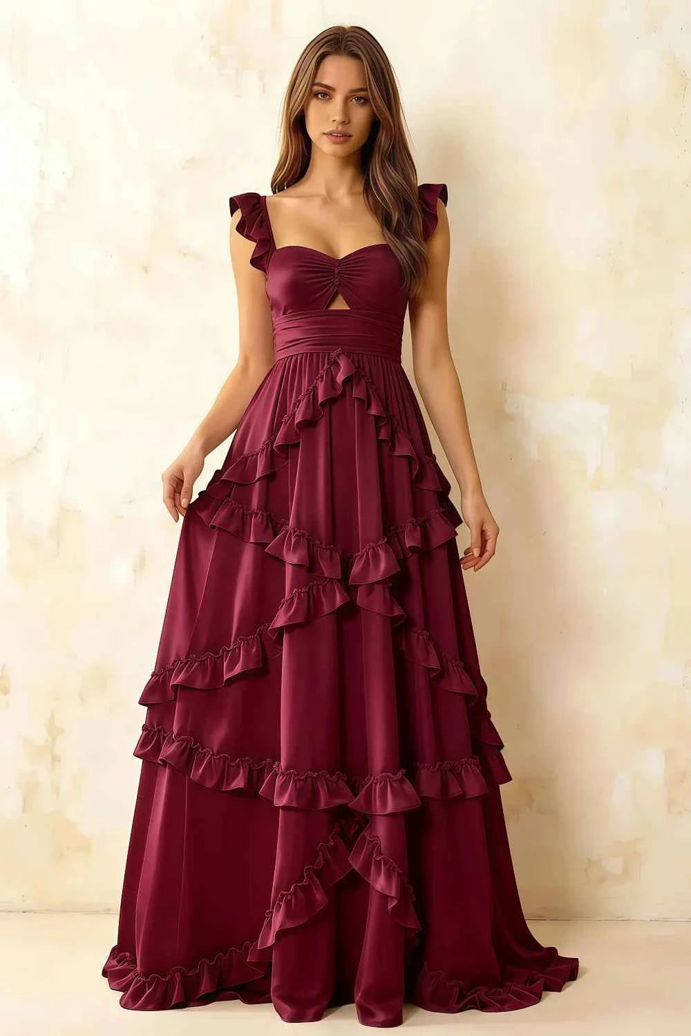 Johanna Burgundy Chiffon Cutout Ruffles Maxi Dress
