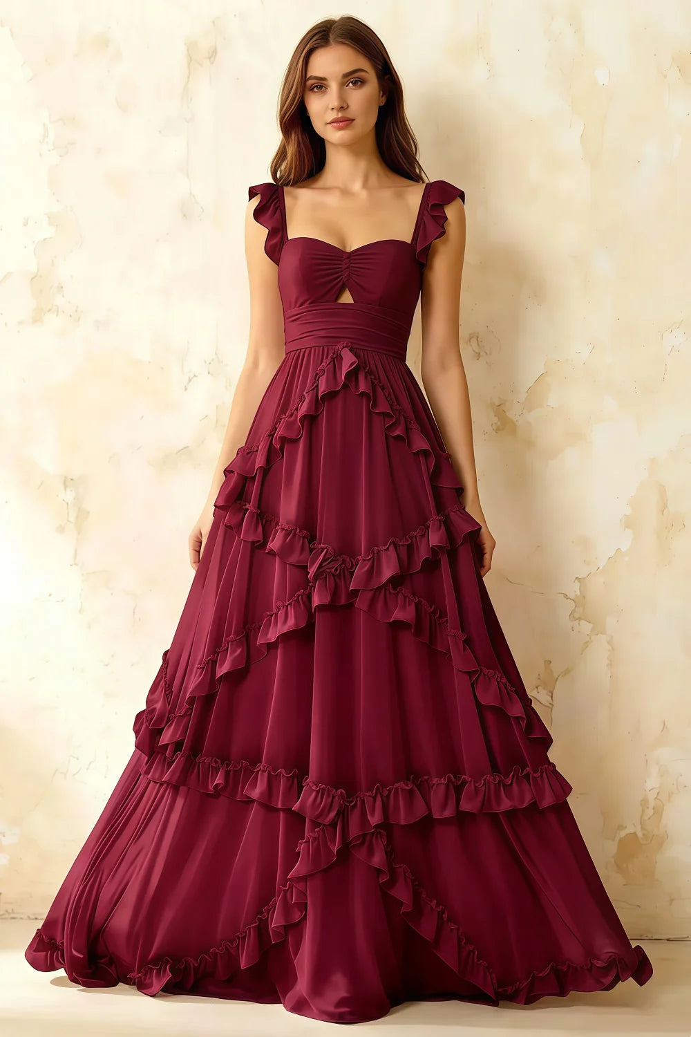 Johanna Burgundy Chiffon Cutout Ruffles Maxi Dress