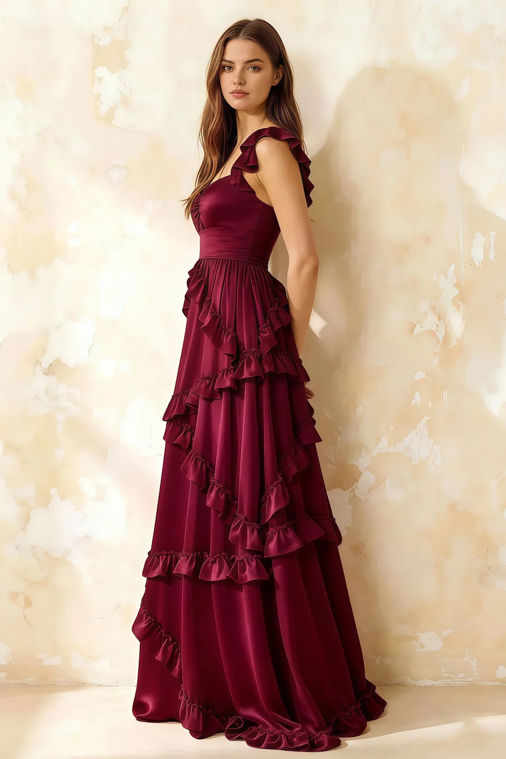 Johanna Burgundy Chiffon Cutout Ruffles Maxi Dress