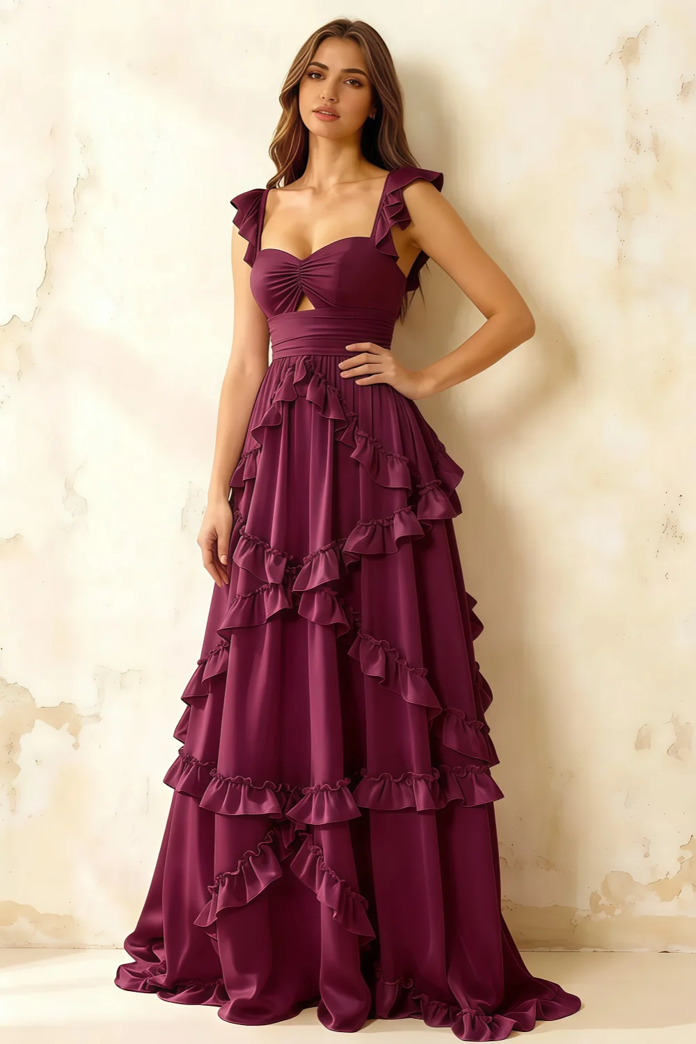 Johanna Burgundy Chiffon Cutout Ruffles Maxi Dress