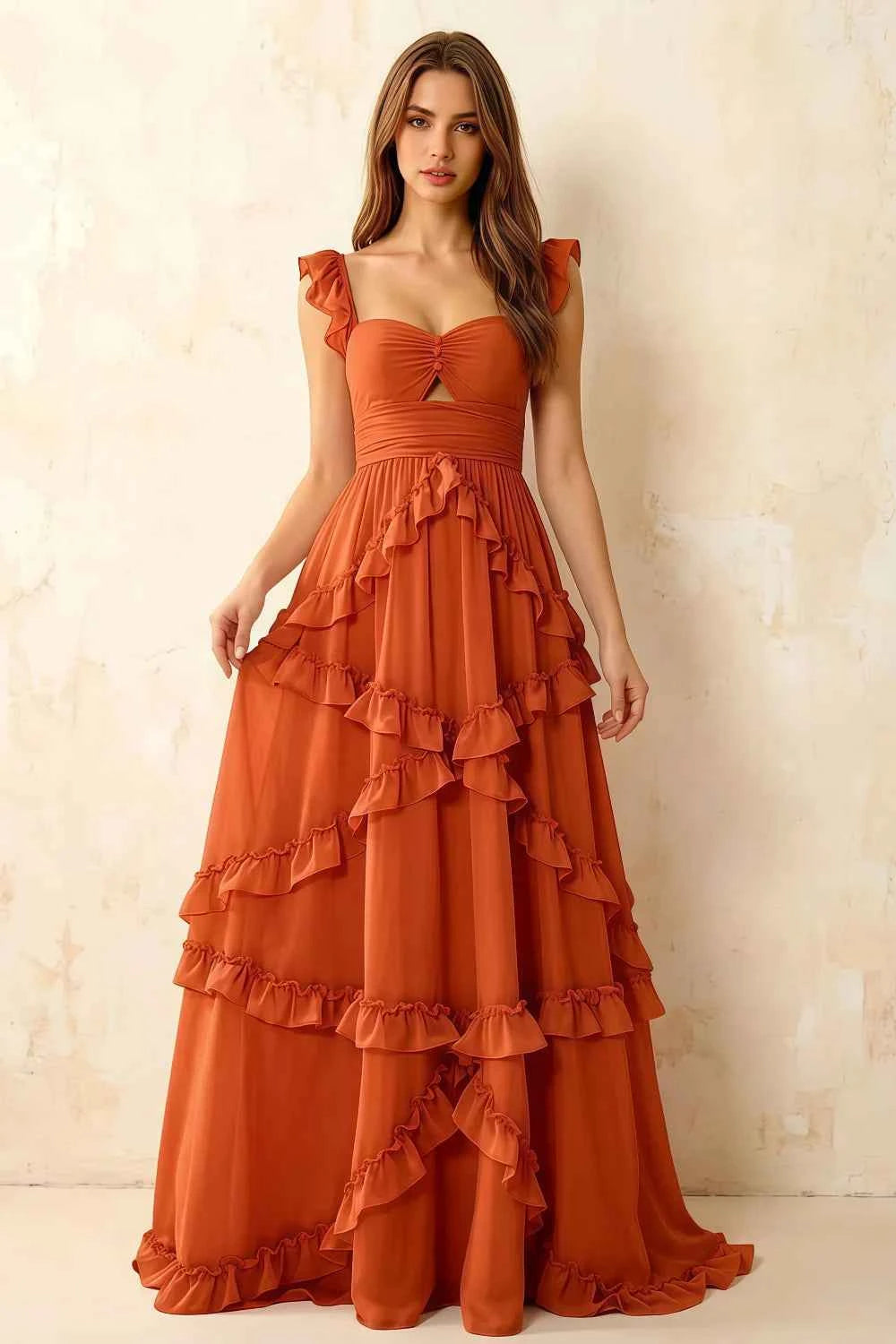 Johanna Burnt Orange Chiffon Cutout Ruffles Maxi Dress Main image