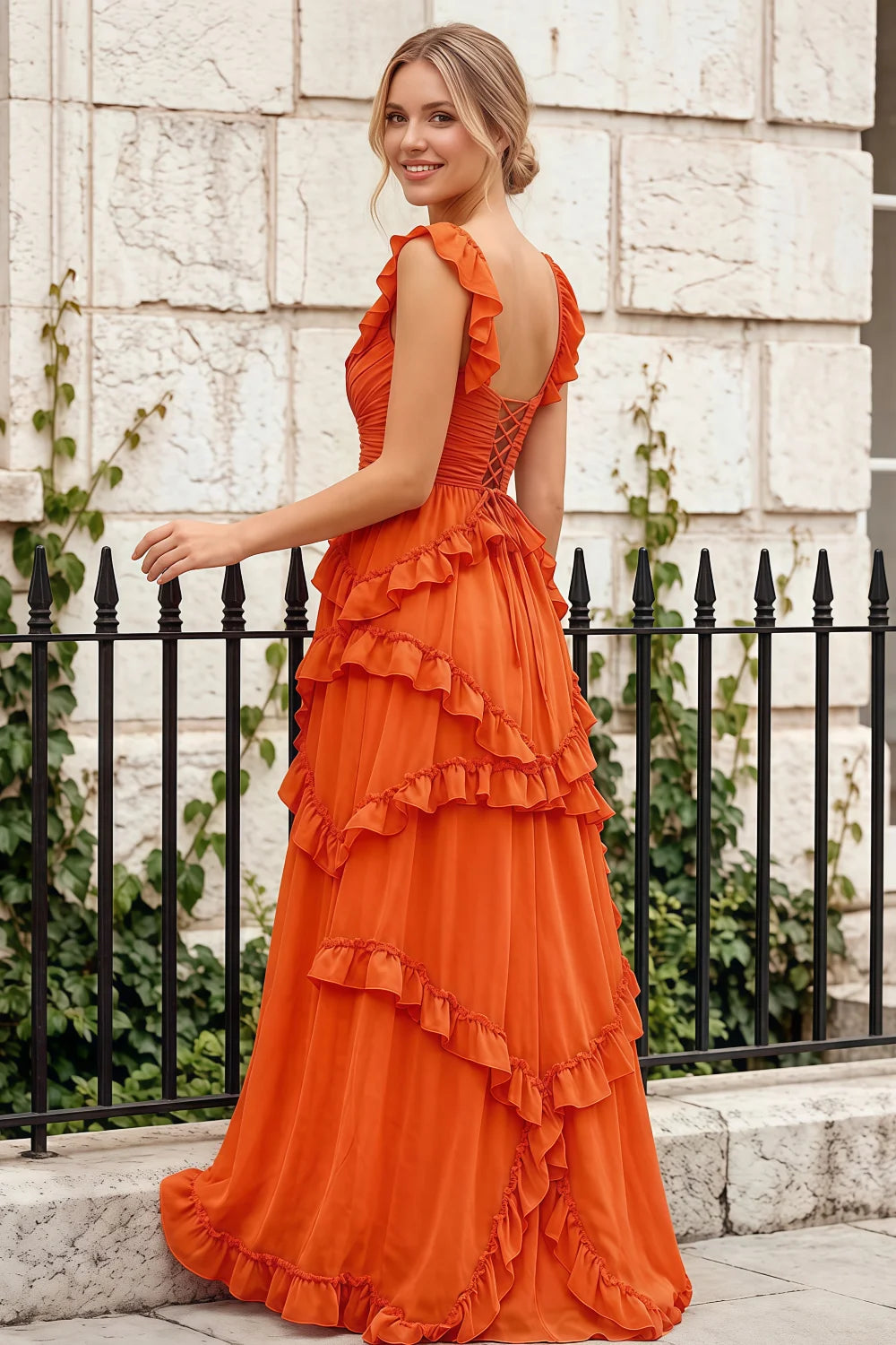 Johanna Burnt Orange Chiffon Cutout Ruffles Maxi Dress