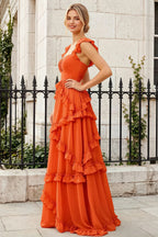 Johanna Burnt Orange Chiffon Cutout Ruffles Maxi Dress