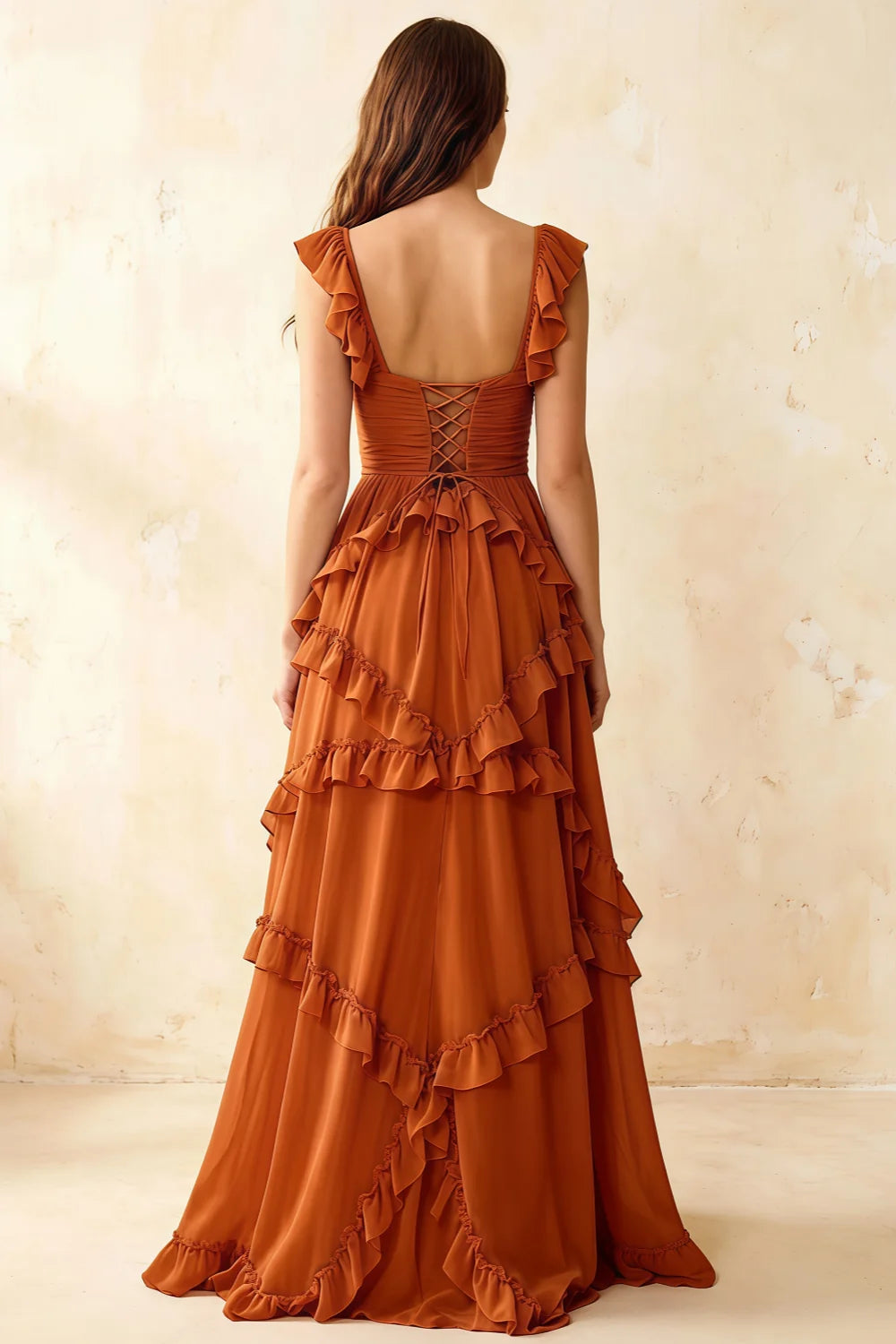 Johanna Burnt Orange Chiffon Cutout Ruffles Maxi Dress